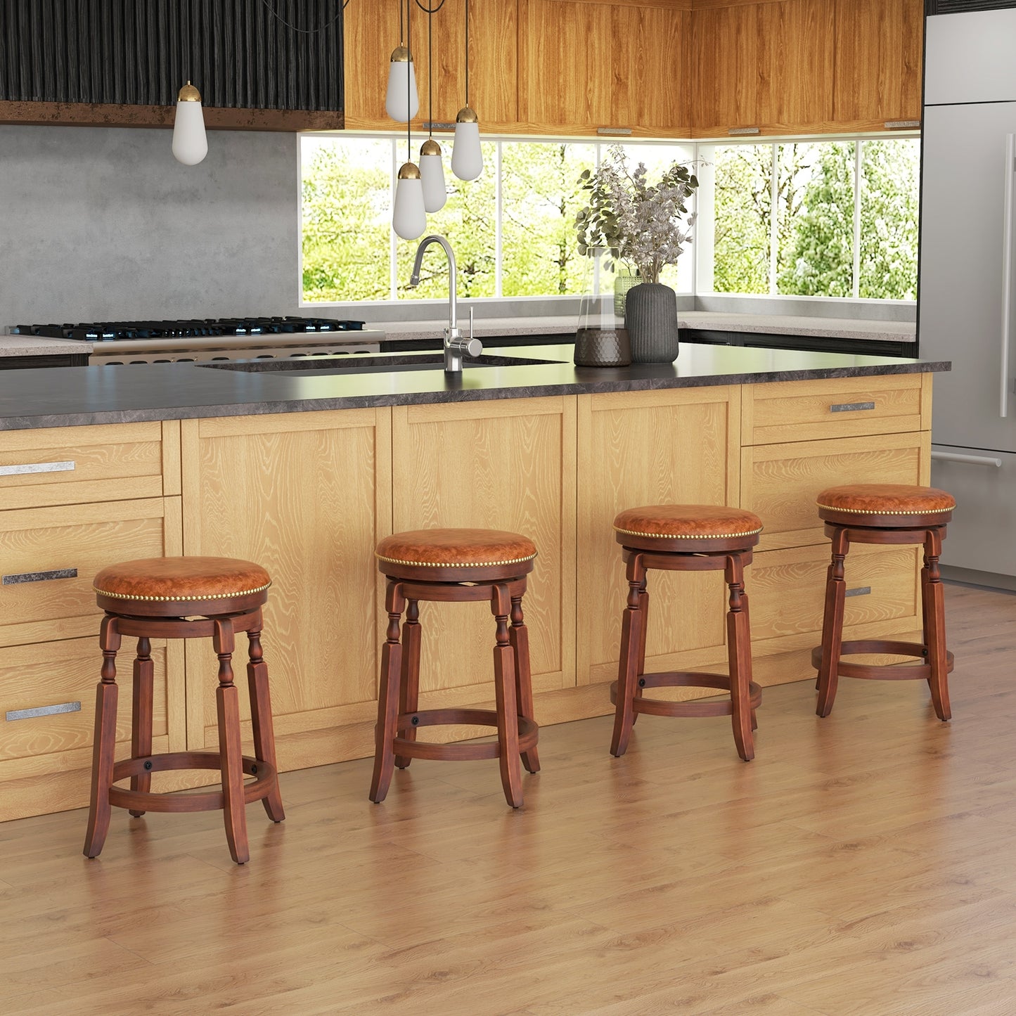 Set of 2 Upholstered Swivel Bar Stools with Rubber Wood Frame and Vintage Rivet Detailing - 24 inch