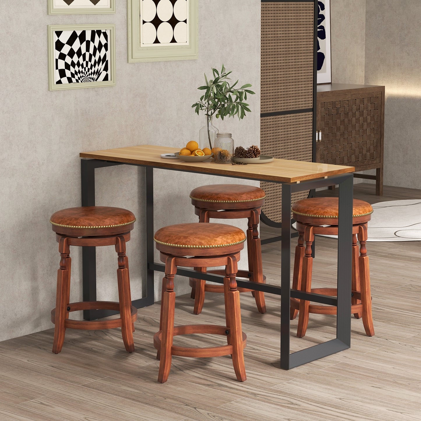 Set of 2 Upholstered Swivel Bar Stools with Rubber Wood Frame and Vintage Rivet Detailing - 24 inch