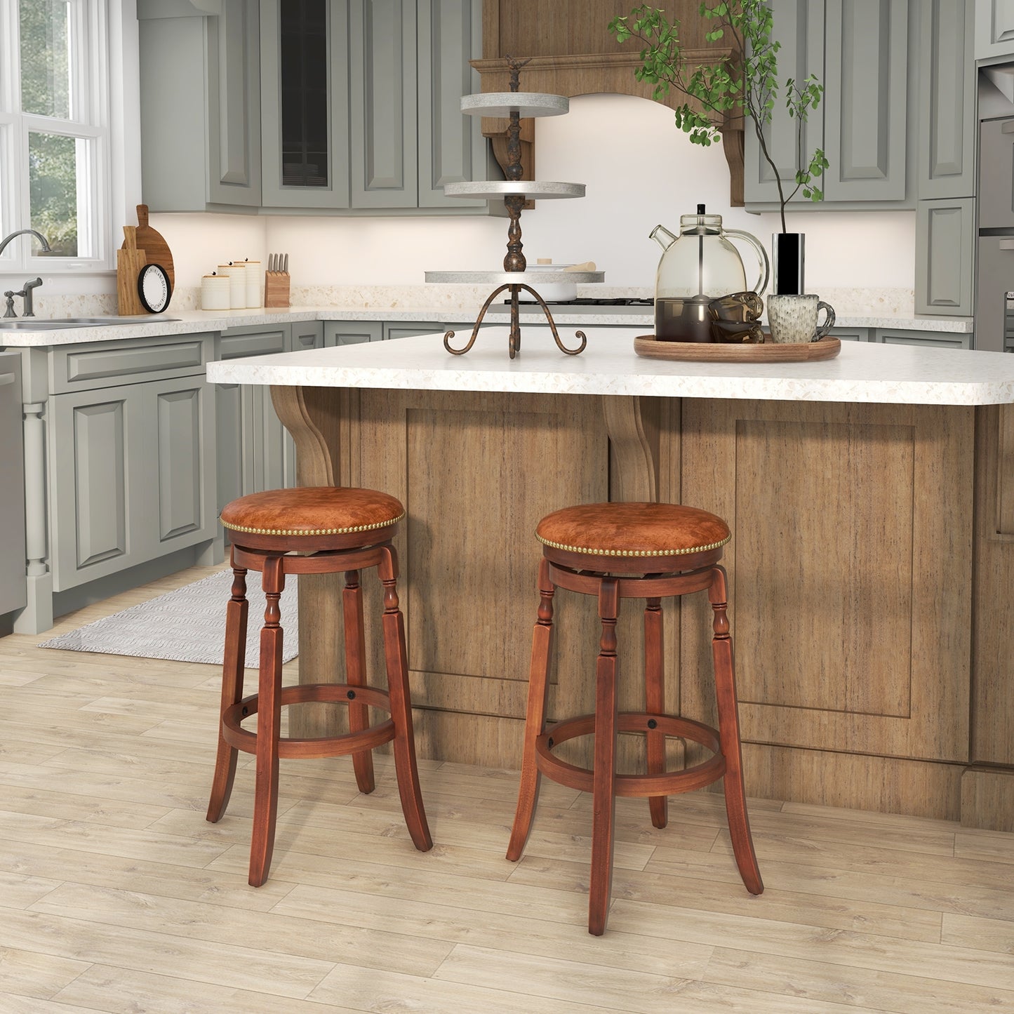 Set of 2 Upholstered Swivel Bar Stools with Rubber Wood Frame and Vintage Rivet Detailing - 29 Inch