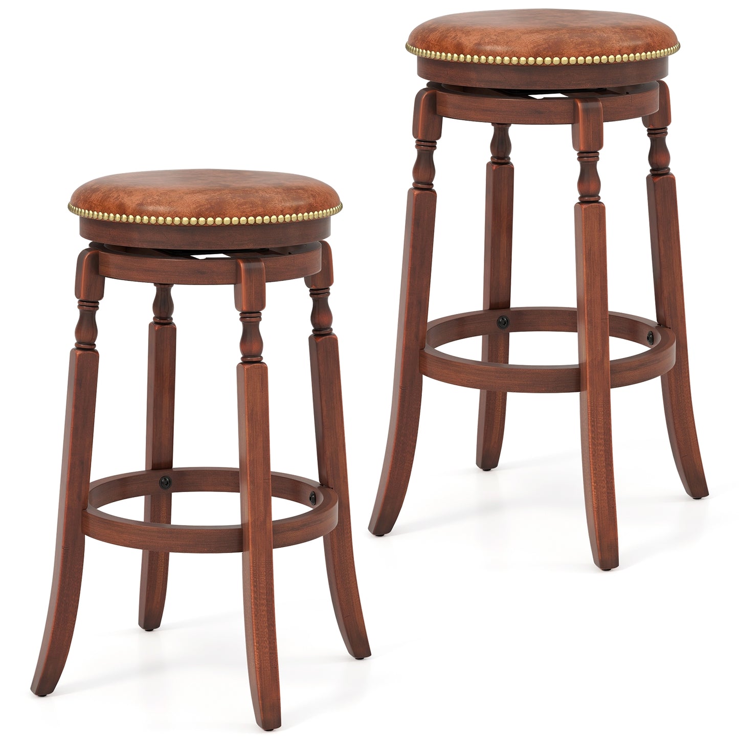 Set of 2 Upholstered Swivel Bar Stools with Rubber Wood Frame and Vintage Rivet Detailing - 29 Inch