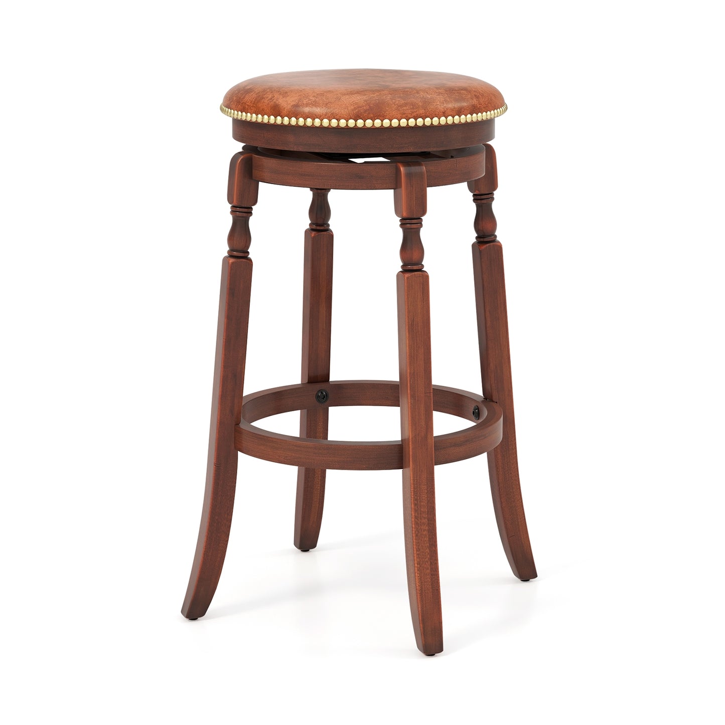 Set of 2 Upholstered Swivel Bar Stools with Rubber Wood Frame and Vintage Rivet Detailing - 29 Inch