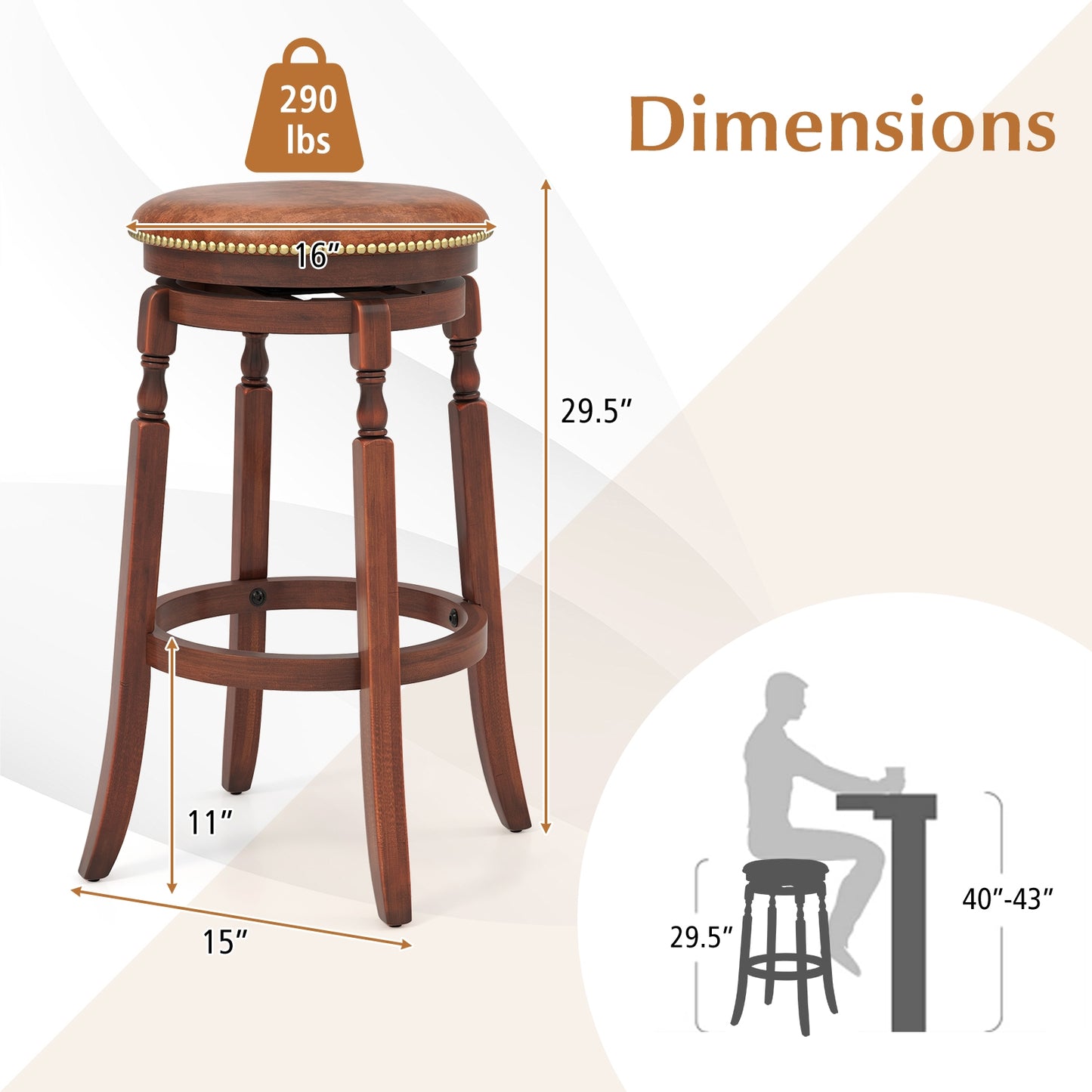 Set of 2 Upholstered Swivel Bar Stools with Rubber Wood Frame and Vintage Rivet Detailing - 29 Inch