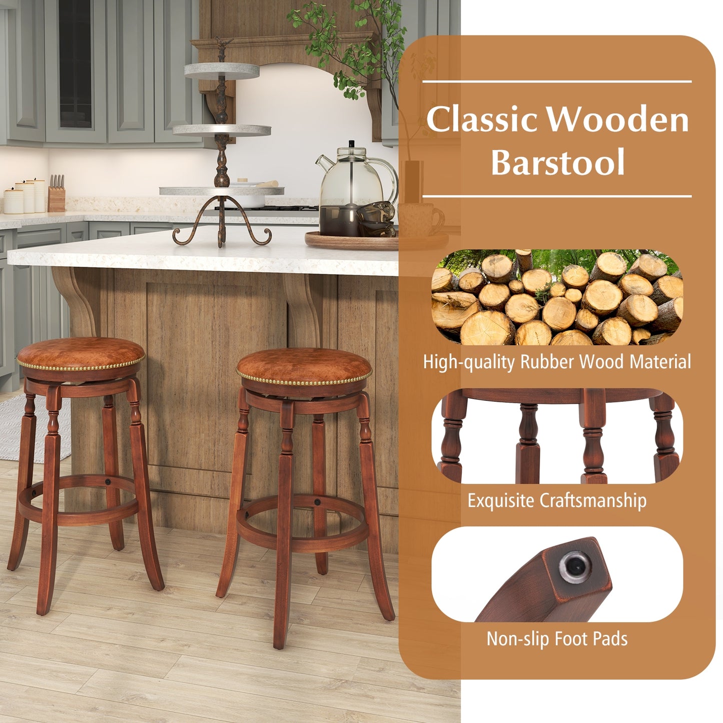 Set of 2 Upholstered Swivel Bar Stools with Rubber Wood Frame and Vintage Rivet Detailing - 29 Inch