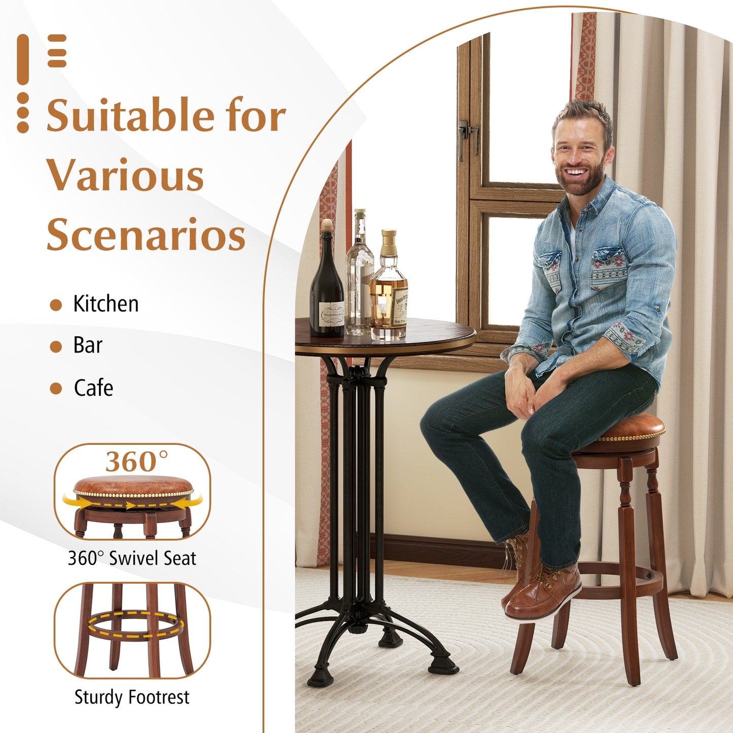 Set of 2 Upholstered Swivel Bar Stools with Rubber Wood Frame and Vintage Rivet Detailing - 29 Inch