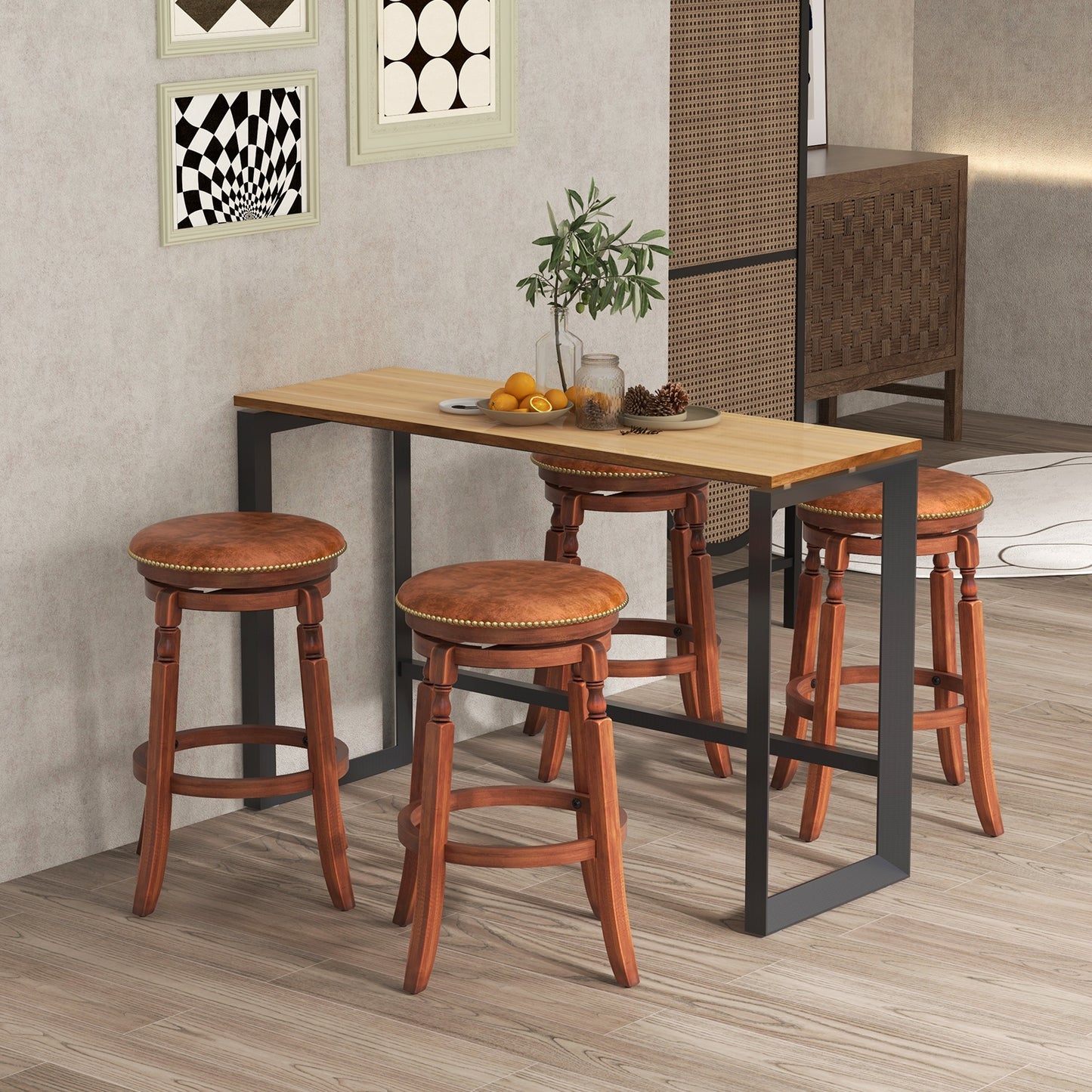 Set of 2 Upholstered Swivel Bar Stools with Rubber Wood Frame and Vintage Rivet Detailing - 29 Inch