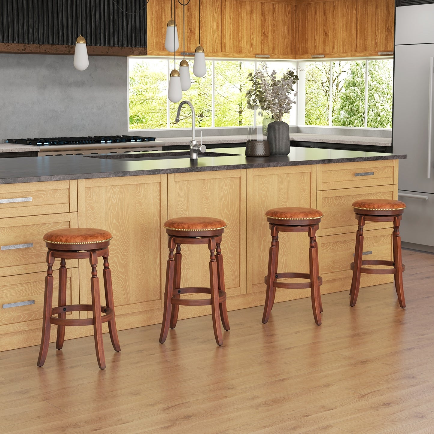 Set of 2 Upholstered Swivel Bar Stools with Rubber Wood Frame and Vintage Rivet Detailing - 29 Inch