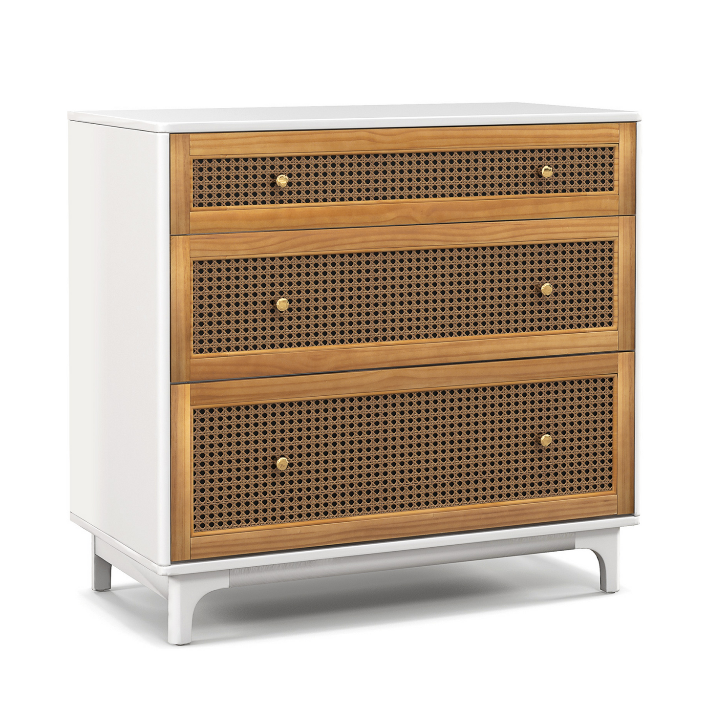 3-Drawer Rattan Storage Dresser with Anti-Tip Kit and Boho Style – White and Brown
