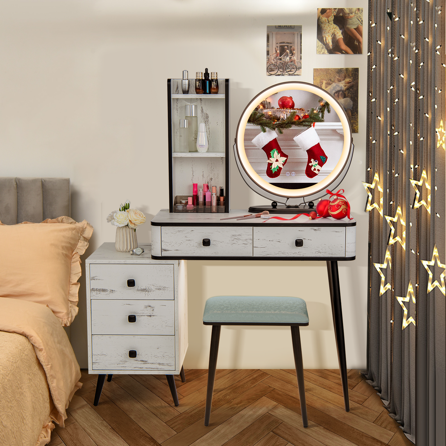 LED Vanity Table Set with 3-Color Mirror, Cushioned Stool and Ample Storage – White