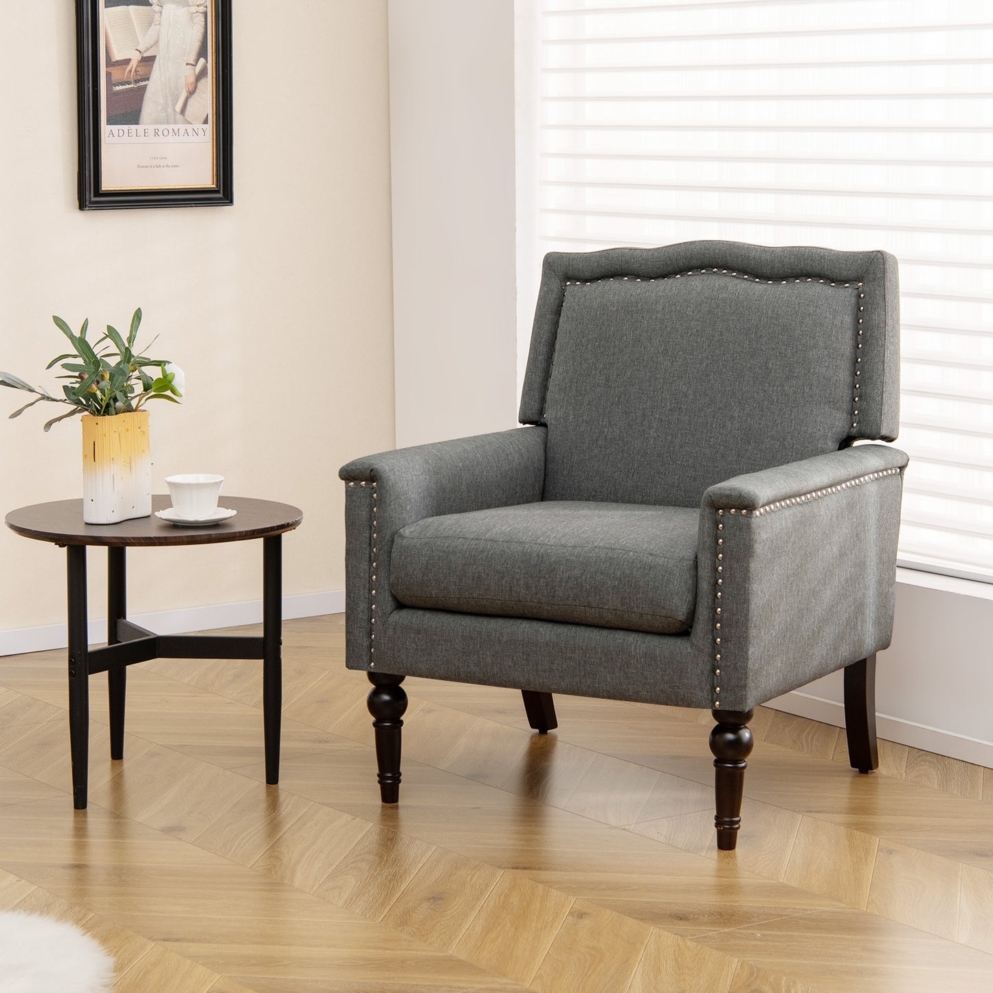 Comfortable Mid-Century Upholstered Armchair with Thick Cushion and Solid Wood Frame