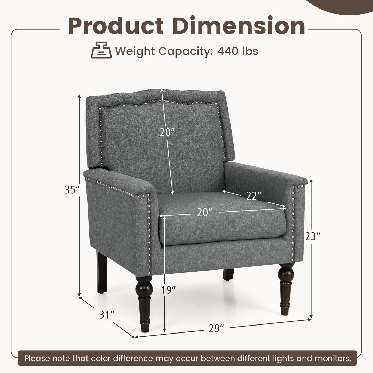 Comfortable Mid-Century Upholstered Armchair with Thick Cushion and Solid Wood Frame