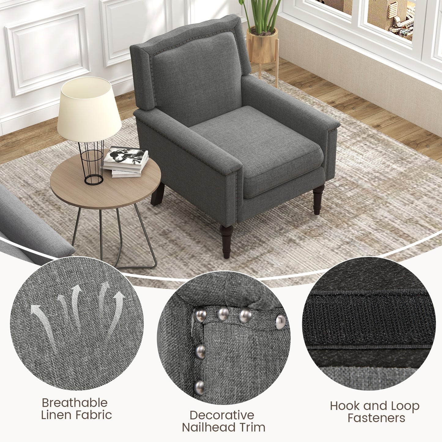 Comfortable Mid-Century Upholstered Armchair with Thick Cushion and Solid Wood Frame