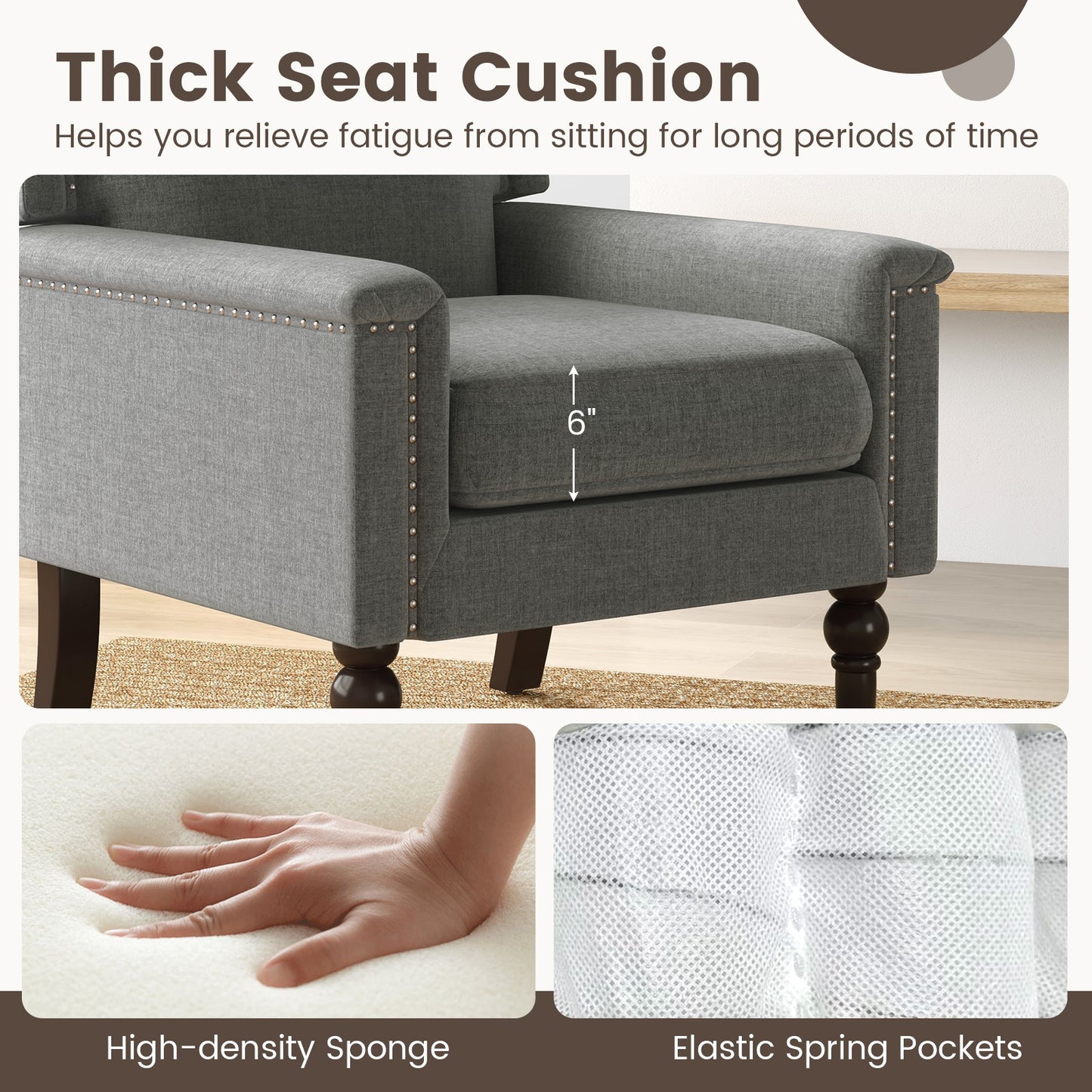 Comfortable Mid-Century Upholstered Armchair with Thick Cushion and Solid Wood Frame