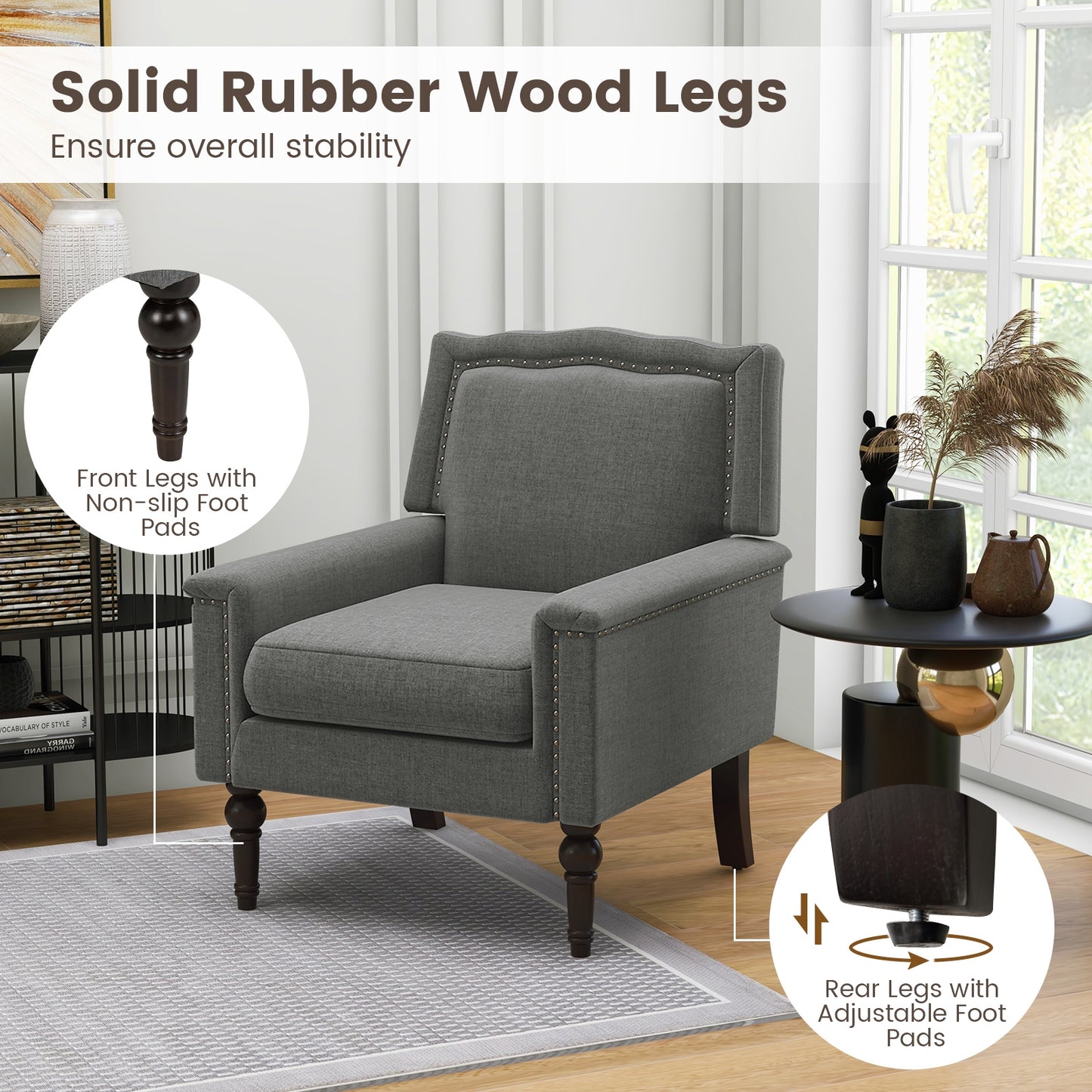 Comfortable Mid-Century Upholstered Armchair with Thick Cushion and Solid Wood Frame