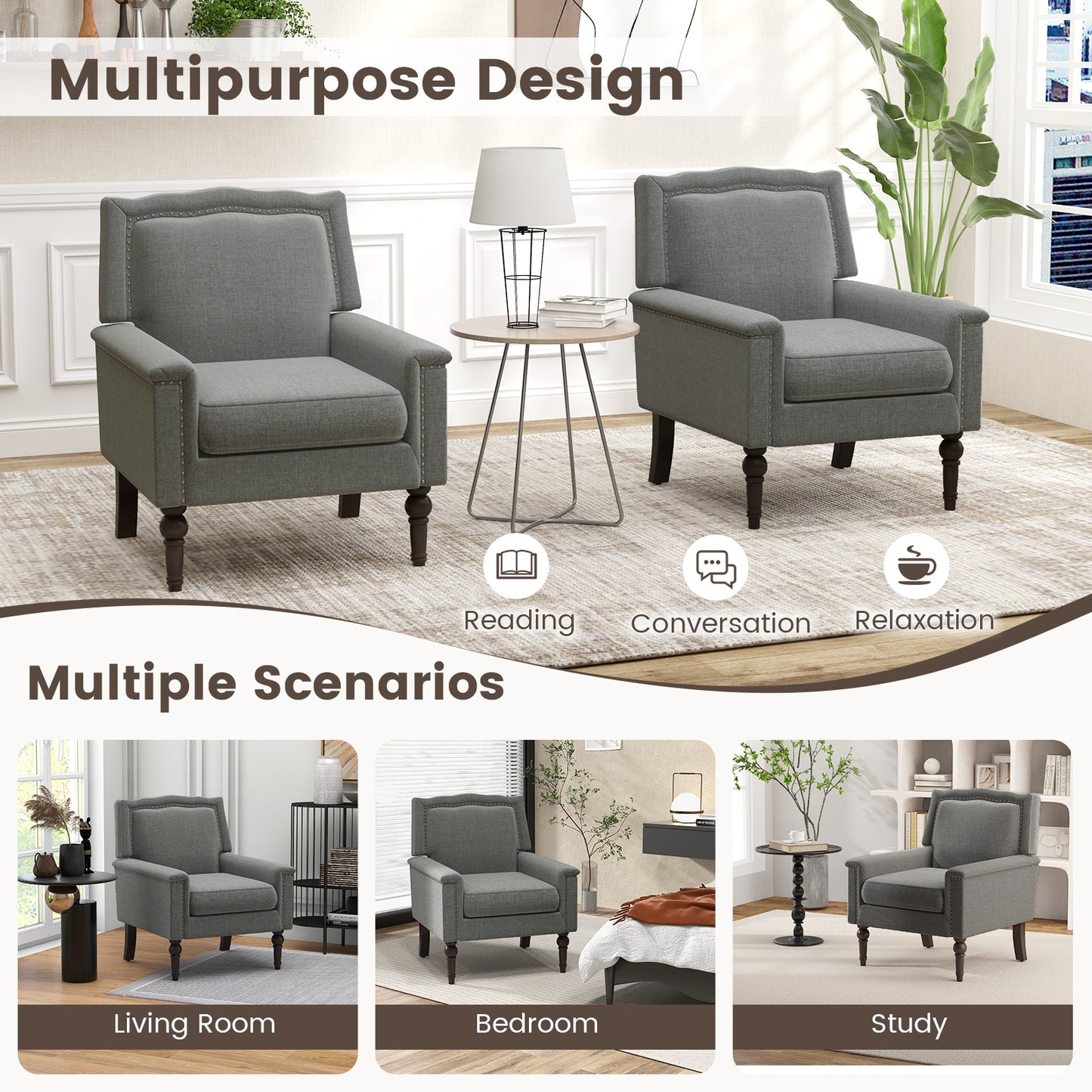 Comfortable Mid-Century Upholstered Armchair with Thick Cushion and Solid Wood Frame