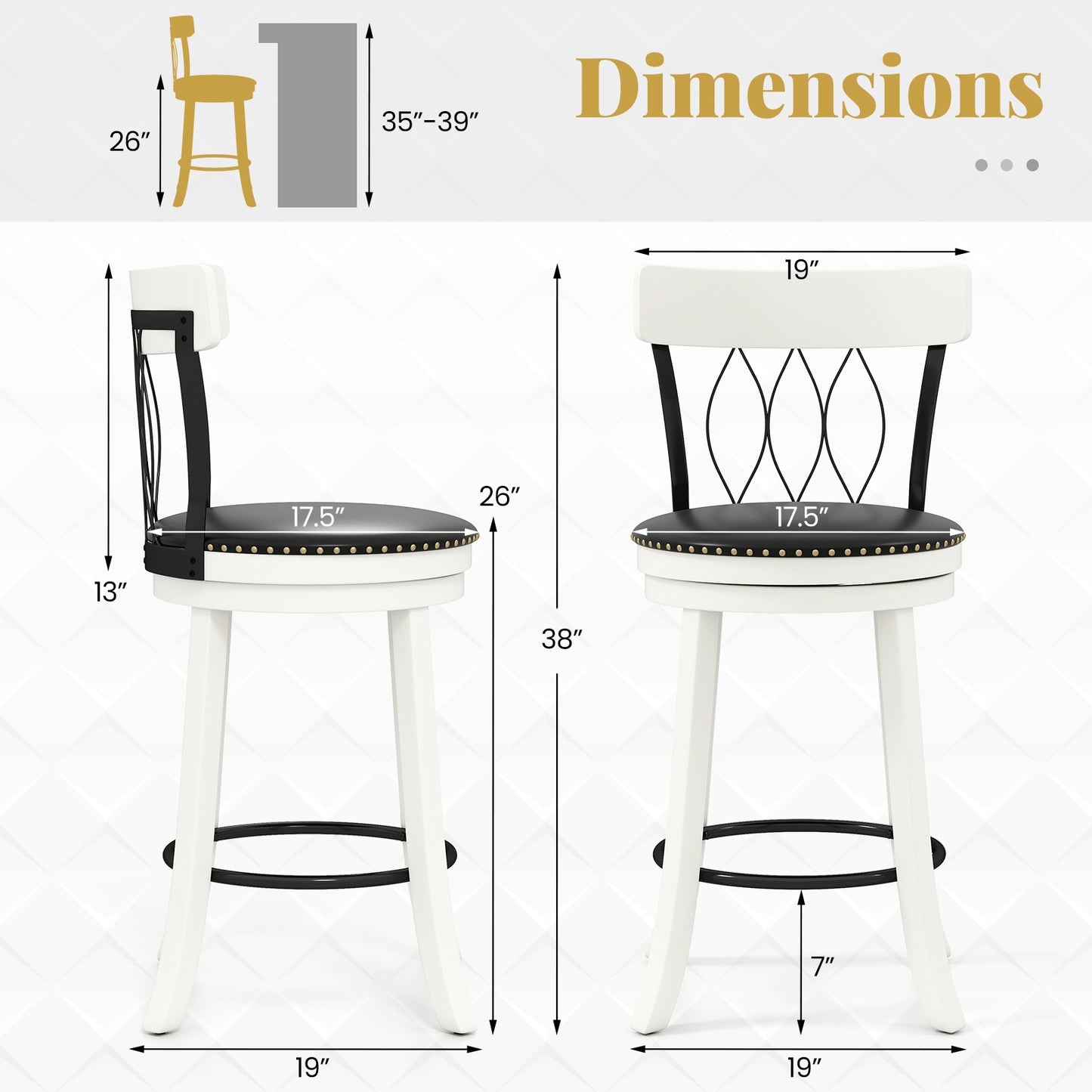 Swivel Bar Stools with Footrest and Tufted Rivet Detail Rubber Wood Frame 2-Piece Set - 26 inch
