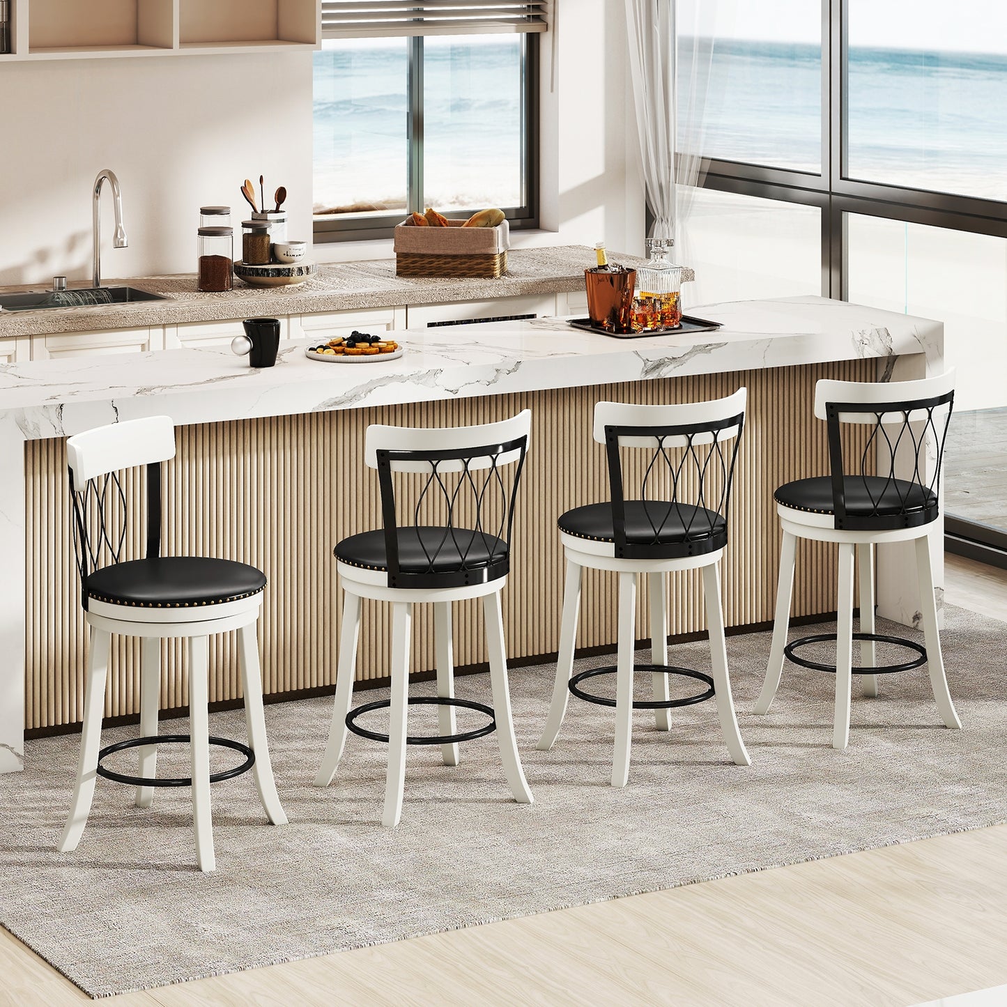 Swivel Bar Stools with Footrest and Tufted Rivet Detail Rubber Wood Frame 2-Piece Set - 26 inch