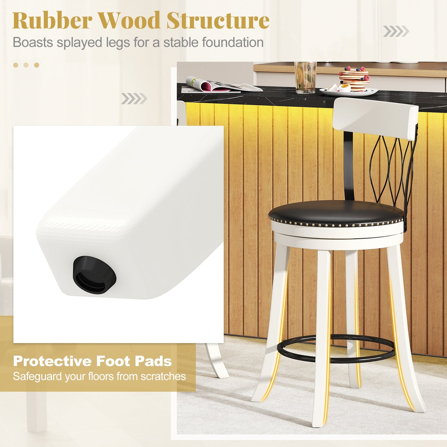 Swivel Bar Stools with Footrest and Tufted Rivet Detail Rubber Wood Frame 2-Piece Set - 26 inch