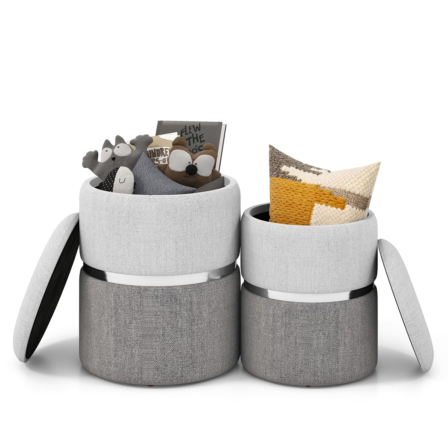 Stackable Storage Ottoman Set of 2 with Removable Lids and Hidden Compartments Linen Grey