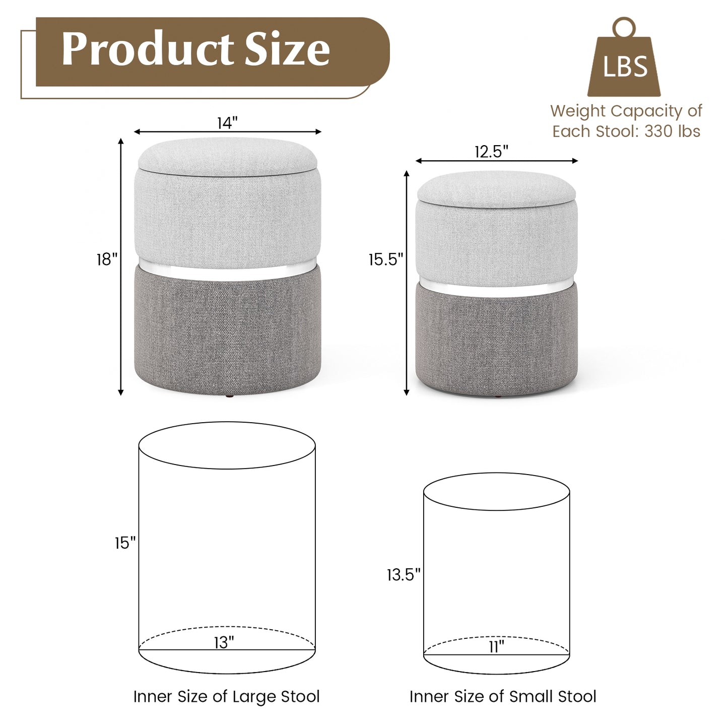 Stackable Storage Ottoman Set of 2 with Removable Lids and Hidden Compartments Linen Grey