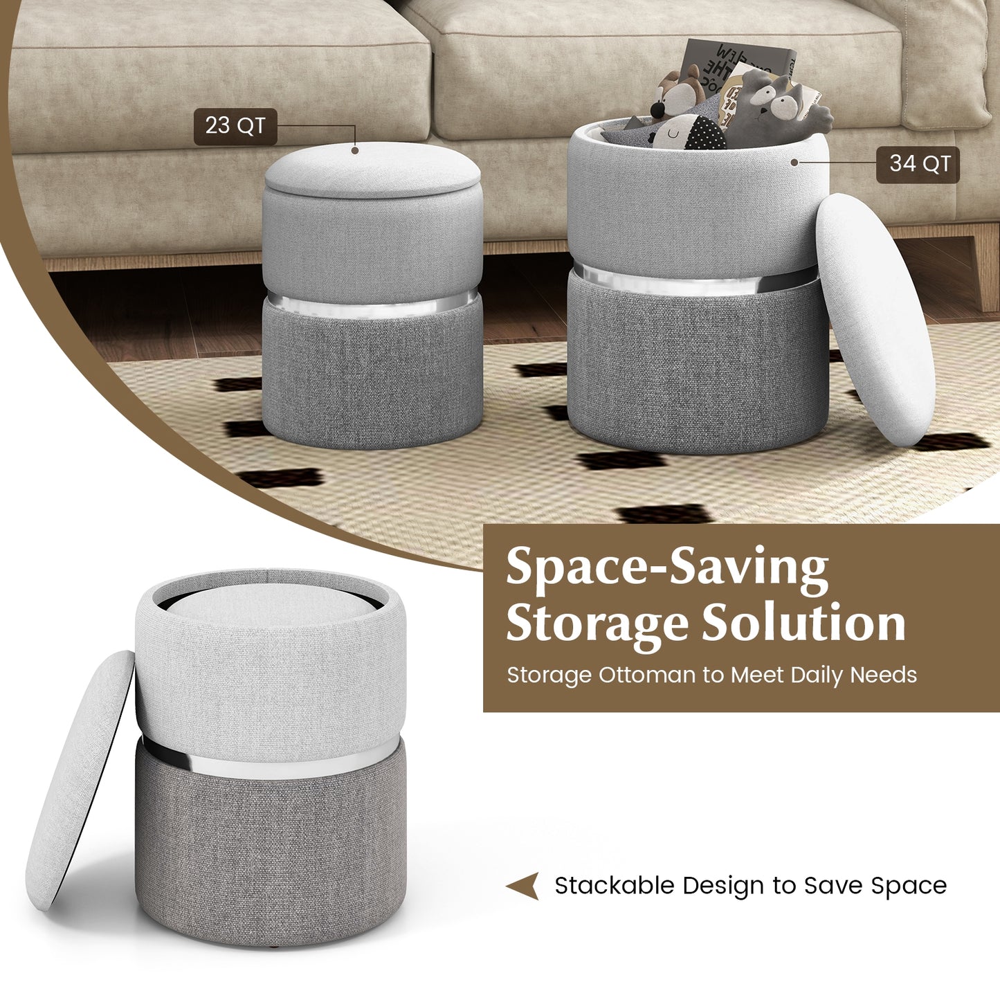 Stackable Storage Ottoman Set of 2 with Removable Lids and Hidden Compartments Linen Grey