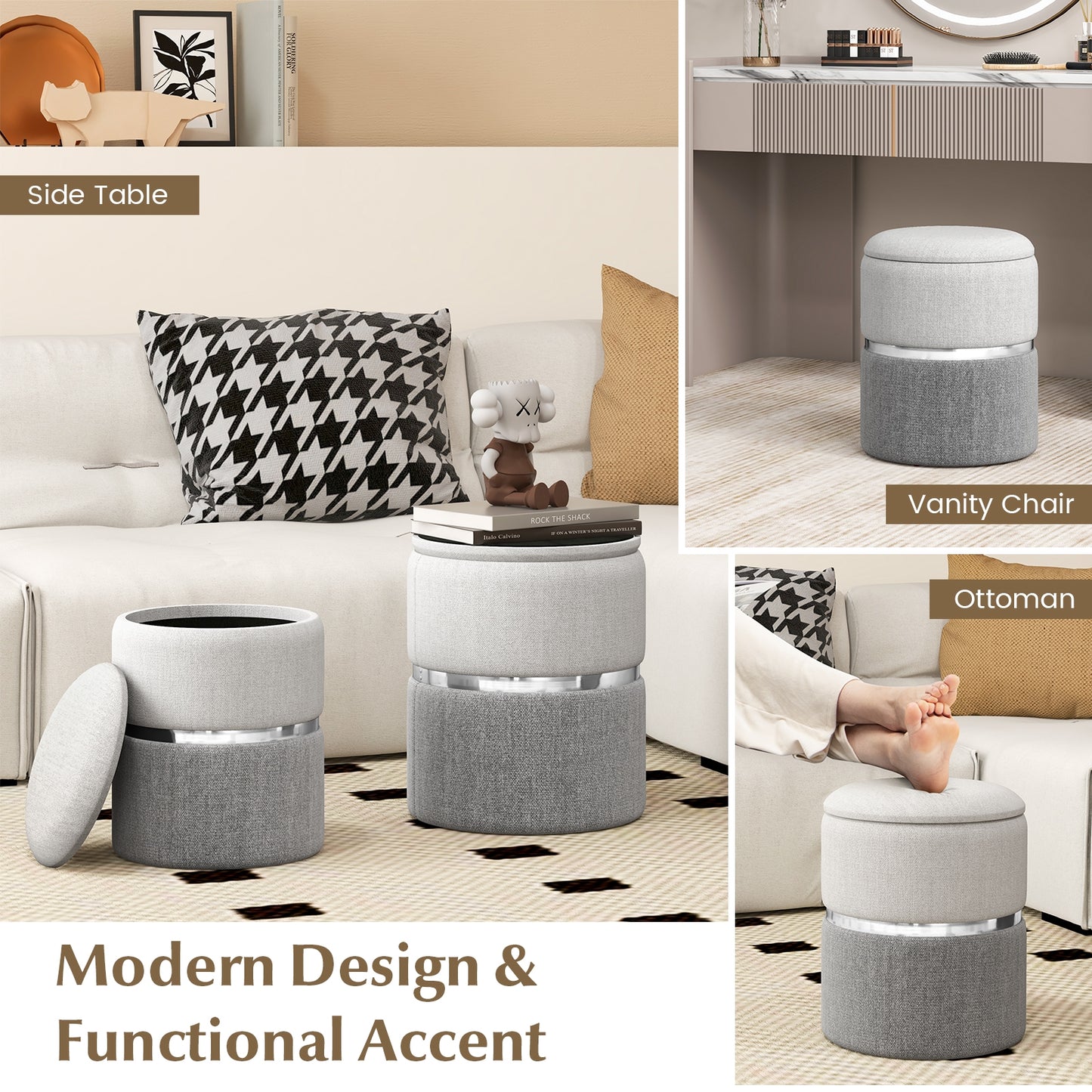Stackable Storage Ottoman Set of 2 with Removable Lids and Hidden Compartments Linen Grey