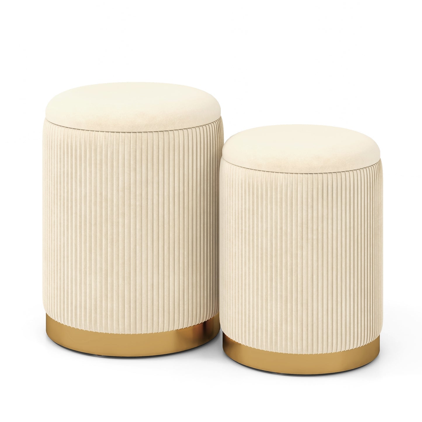 Stackable Storage Ottoman Set of 2 with Removable Lids and Hidden Compartments Velvet Beige