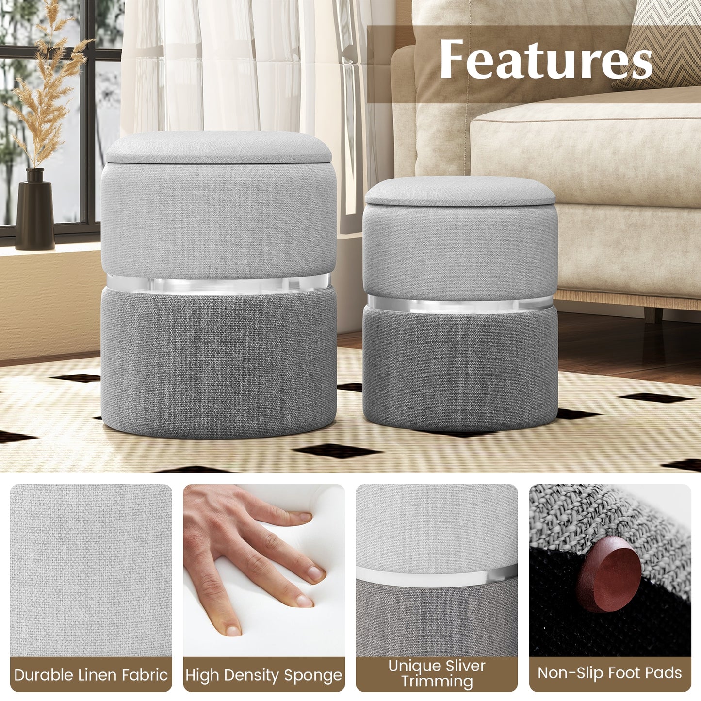 Stackable Storage Ottoman Set of 2 with Removable Lids and Hidden Compartments Linen Grey