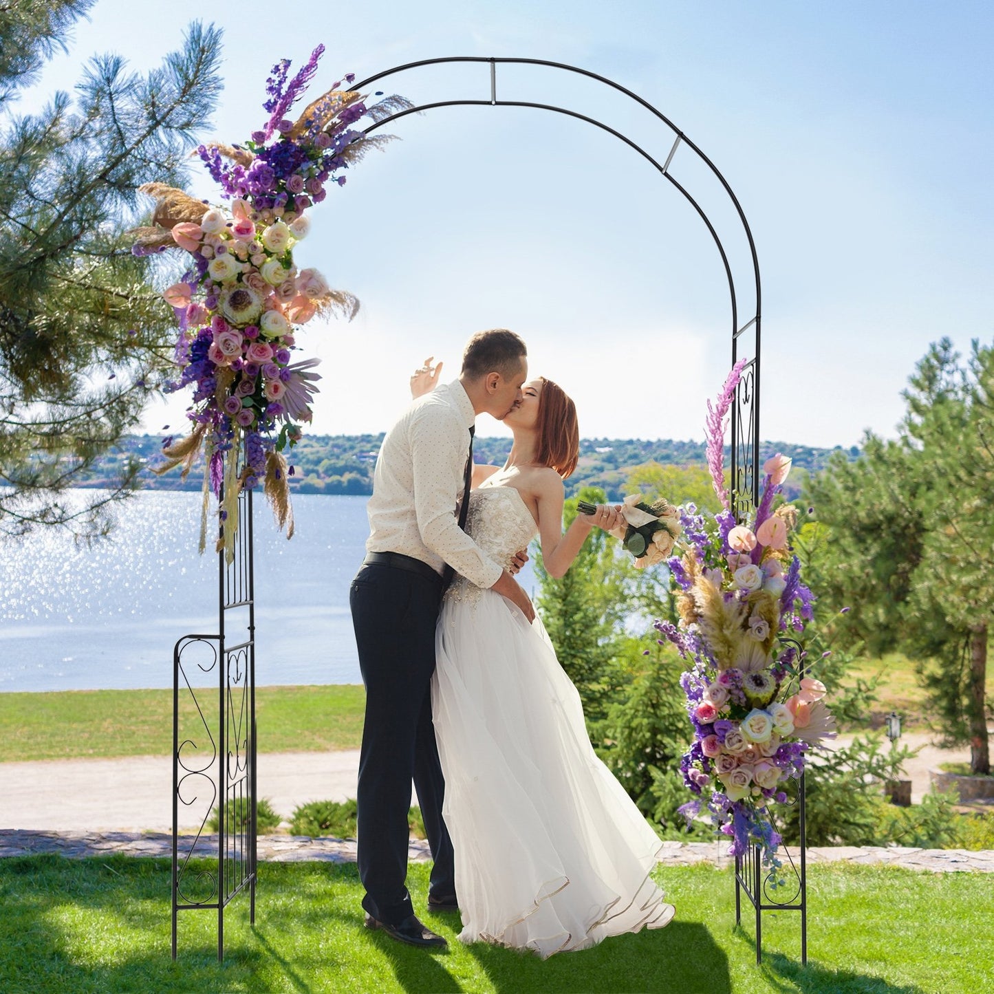 7.9 Feet Metal Garden Arch with Trellis and Fence for Climbing Plants – Elegant Outdoor Arbor