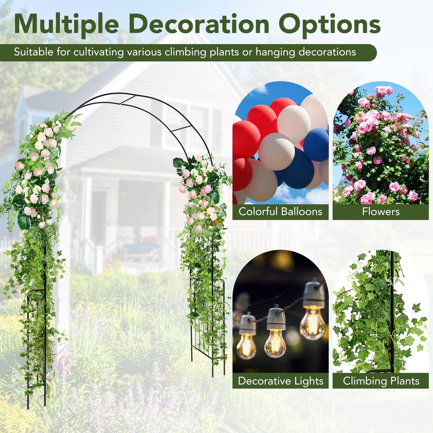 7.9 Feet Metal Garden Arch with Trellis and Fence for Climbing Plants – Elegant Outdoor Arbor