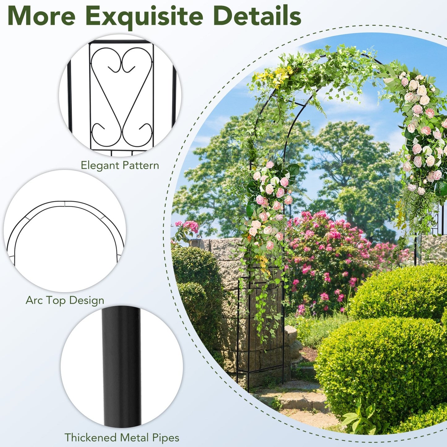 7.9 Feet Metal Garden Arch with Trellis and Fence for Climbing Plants – Elegant Outdoor Arbor
