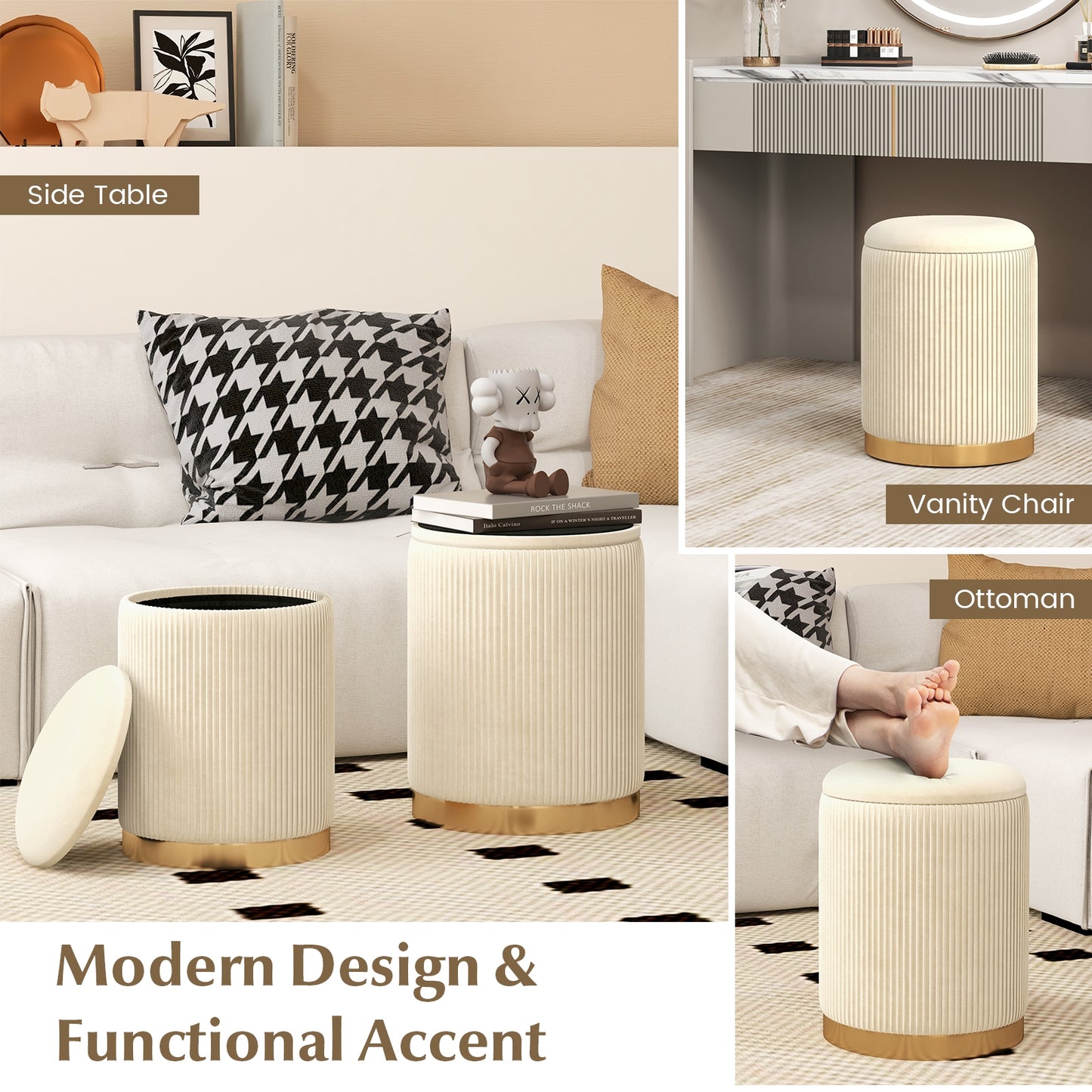 Stackable Storage Ottoman Set of 2 with Removable Lids and Hidden Compartments Velvet Beige