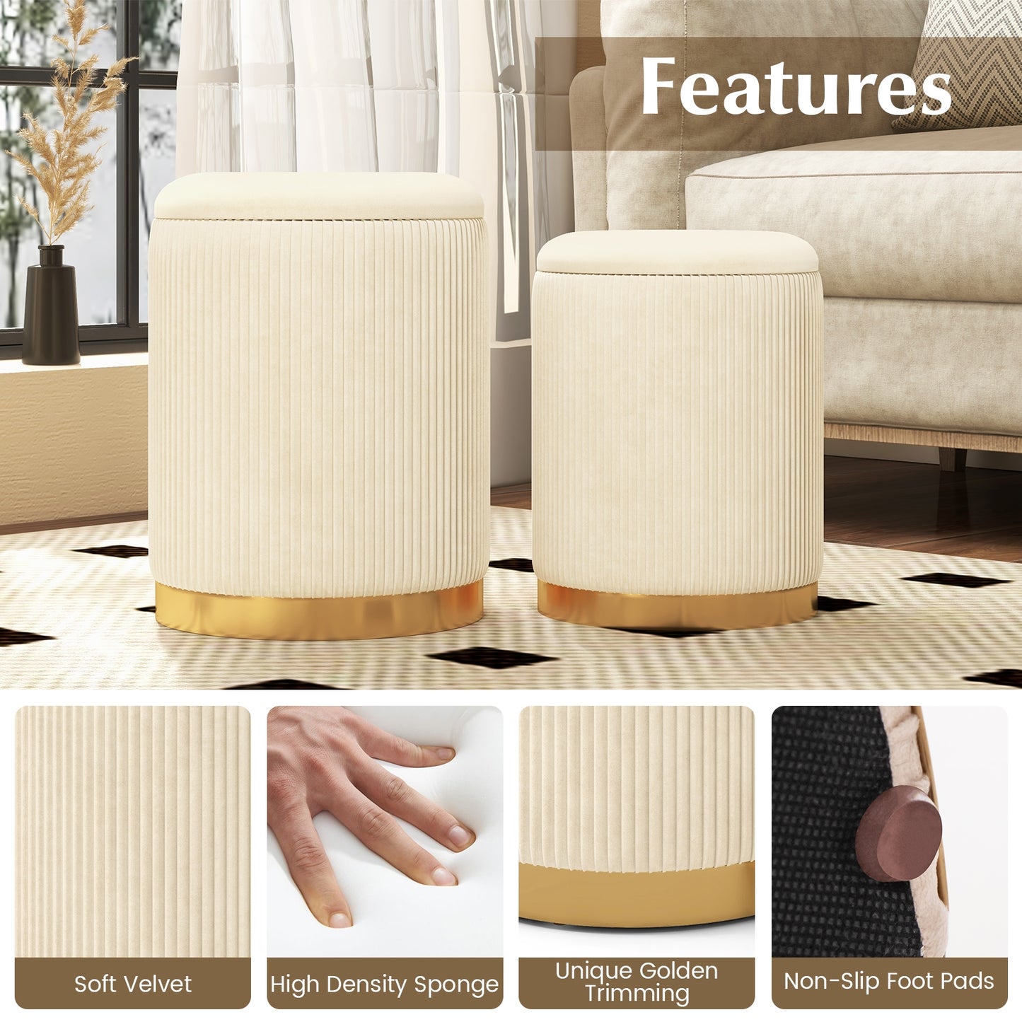 Stackable Storage Ottoman Set of 2 with Removable Lids and Hidden Compartments Velvet Beige