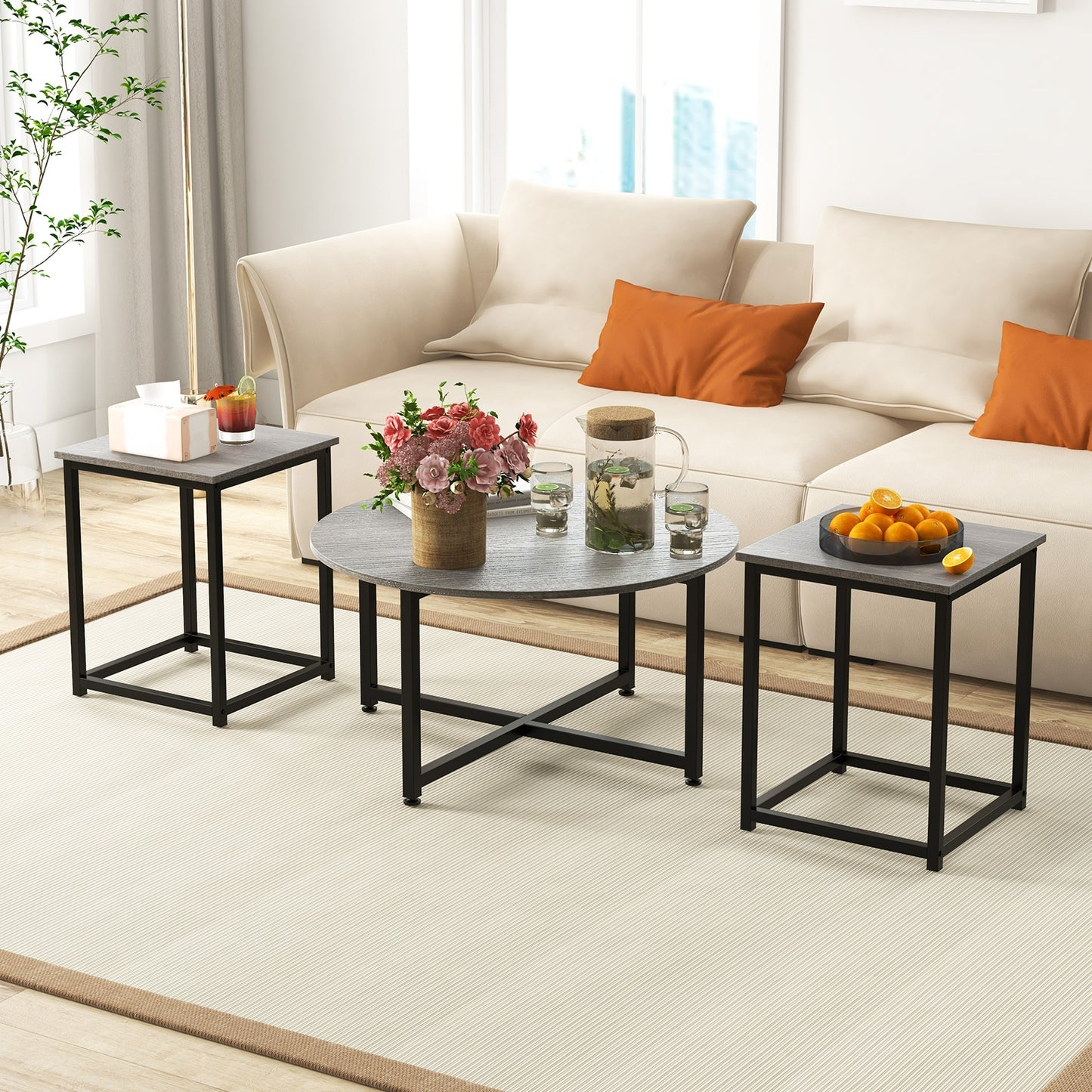Modern 3-Piece Living Room Table Set with Round Coffee Table and Matching Square Side Tables - Grey & Black