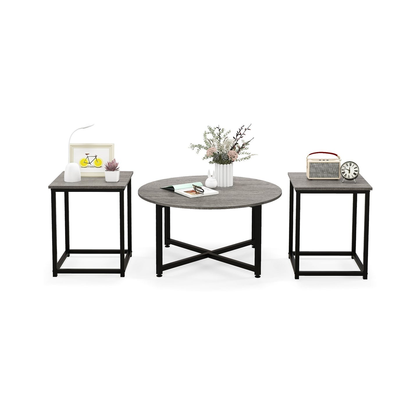Modern 3-Piece Living Room Table Set with Round Coffee Table and Matching Square Side Tables - Grey & Black