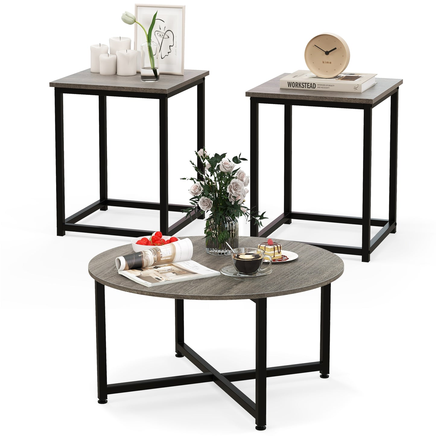 Modern 3-Piece Living Room Table Set with Round Coffee Table and Matching Square Side Tables - Grey & Black