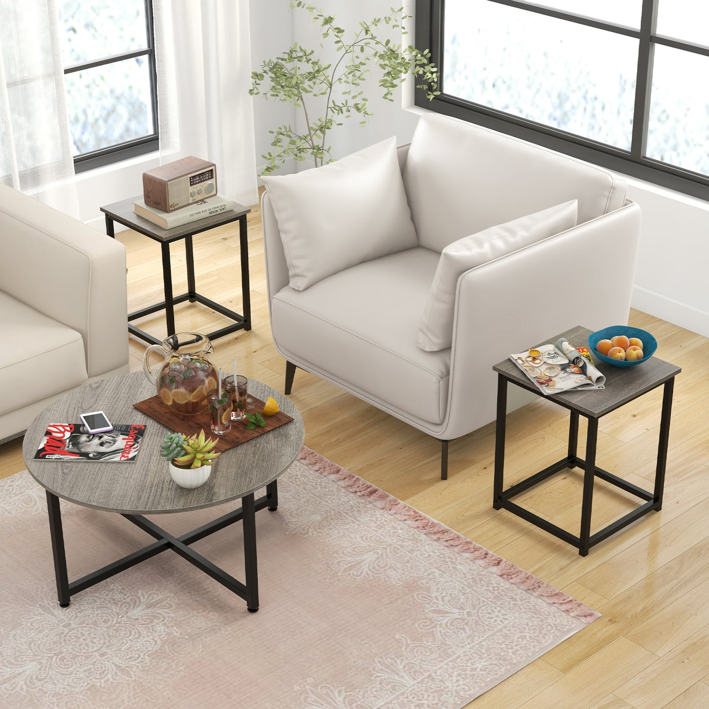 Modern 3-Piece Living Room Table Set with Round Coffee Table and Matching Square Side Tables - Grey & Black
