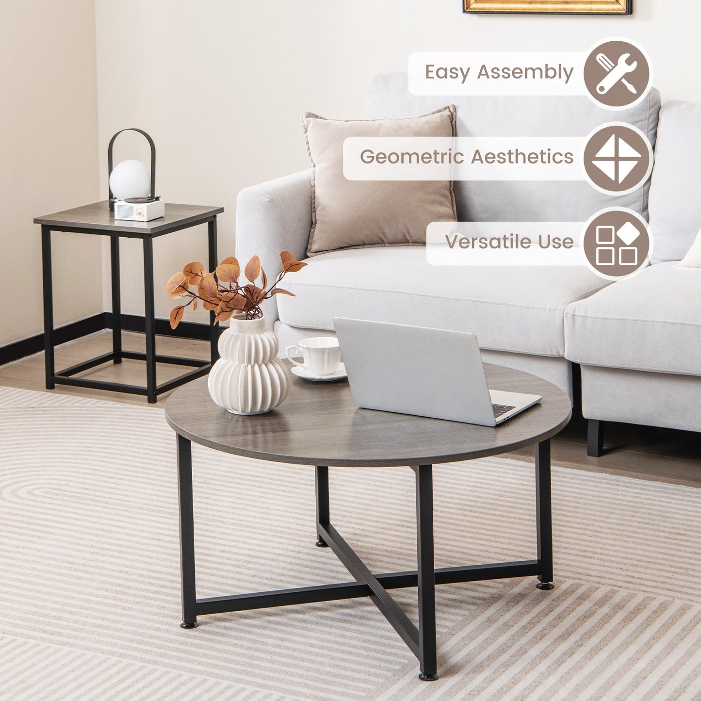 Modern 3-Piece Living Room Table Set with Round Coffee Table and Matching Square Side Tables - Grey & Black