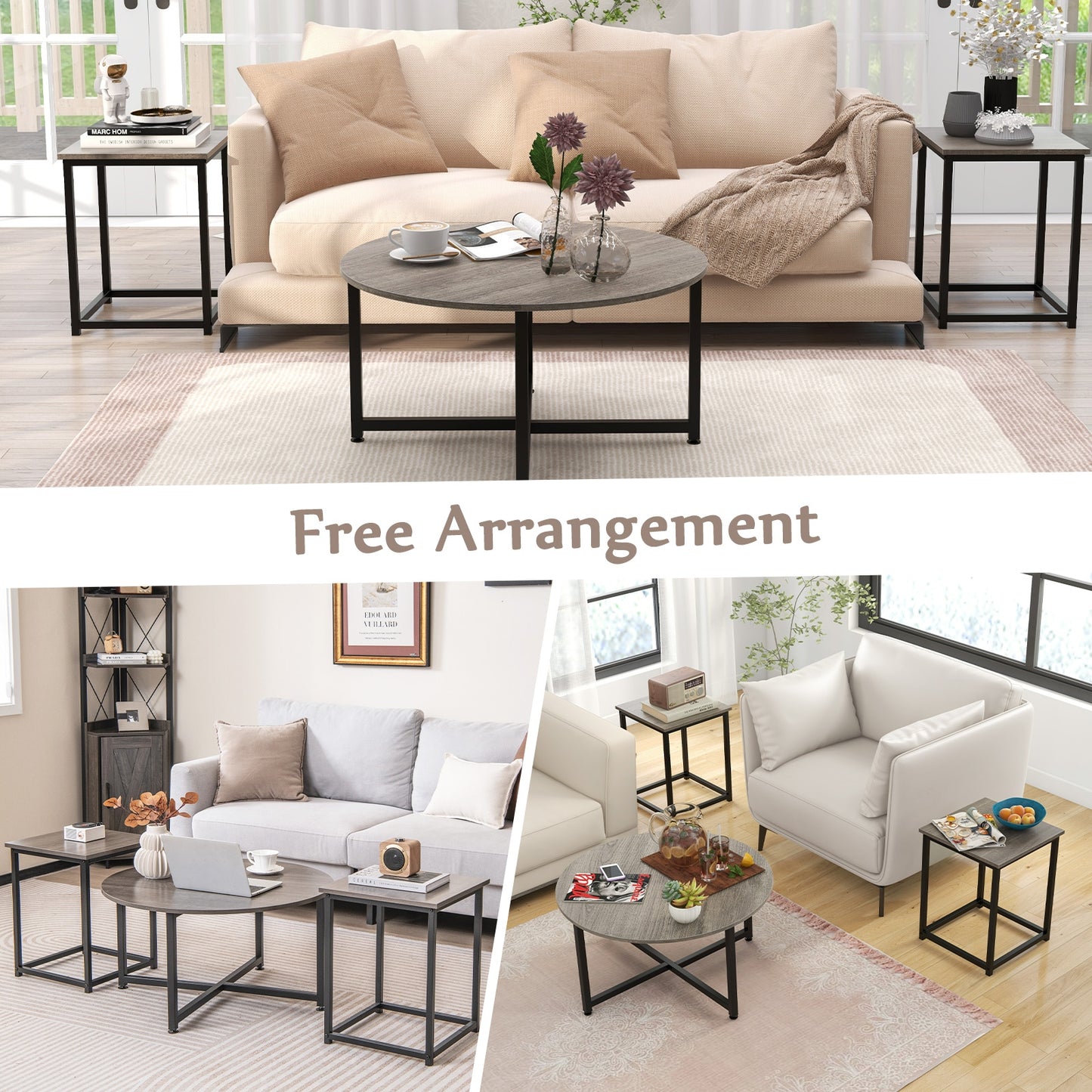 Modern 3-Piece Living Room Table Set with Round Coffee Table and Matching Square Side Tables - Grey & Black