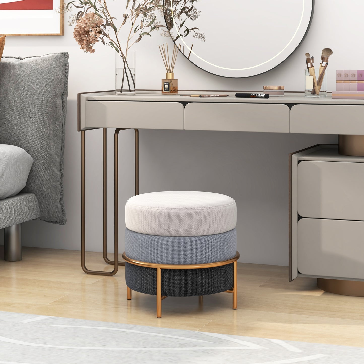 Round Upholstered Ottoman Stool with Linen Fabric and Non-Slip Base Gold Finish
