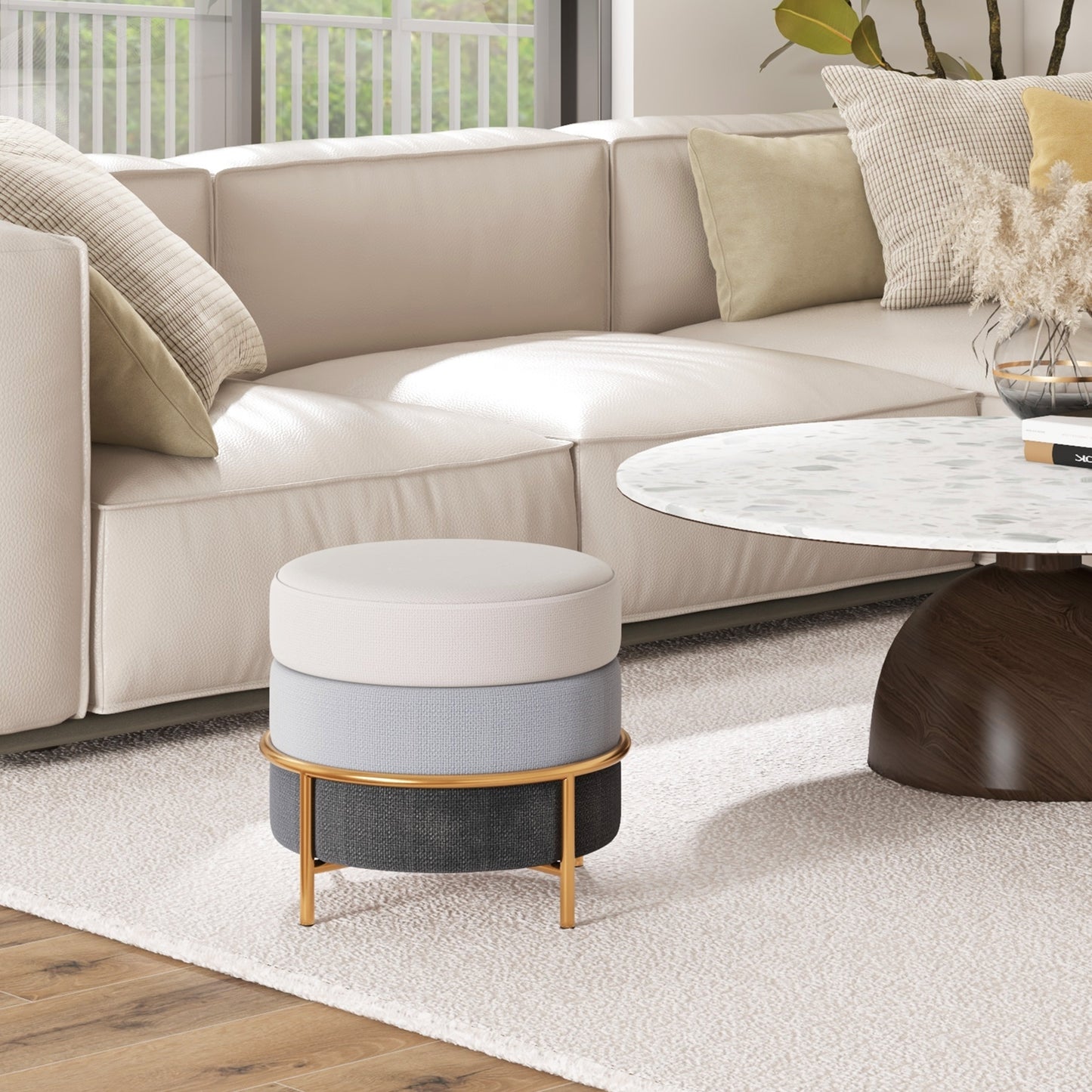 Round Upholstered Ottoman Stool with Linen Fabric and Non-Slip Base Gold Finish