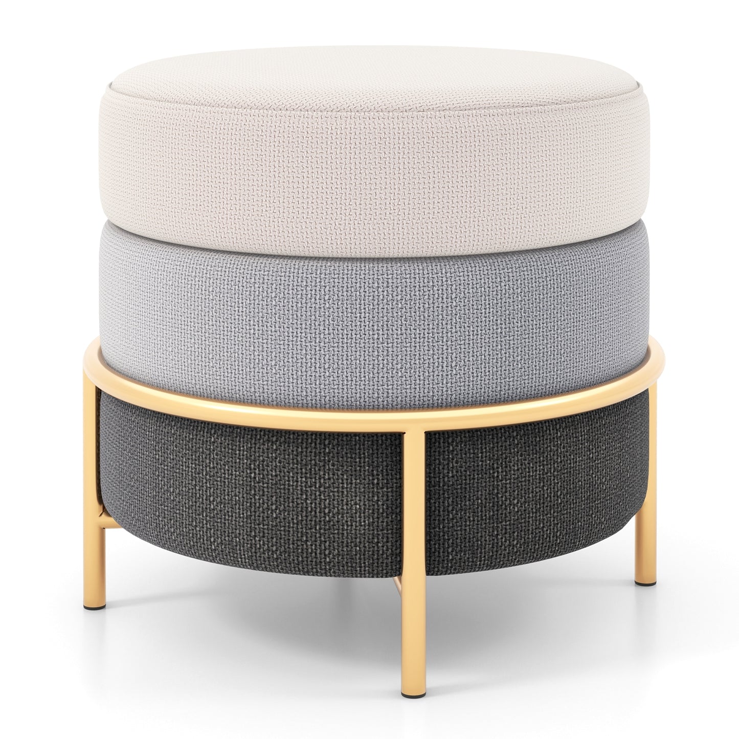 Round Upholstered Ottoman Stool with Linen Fabric and Non-Slip Base Gold Finish