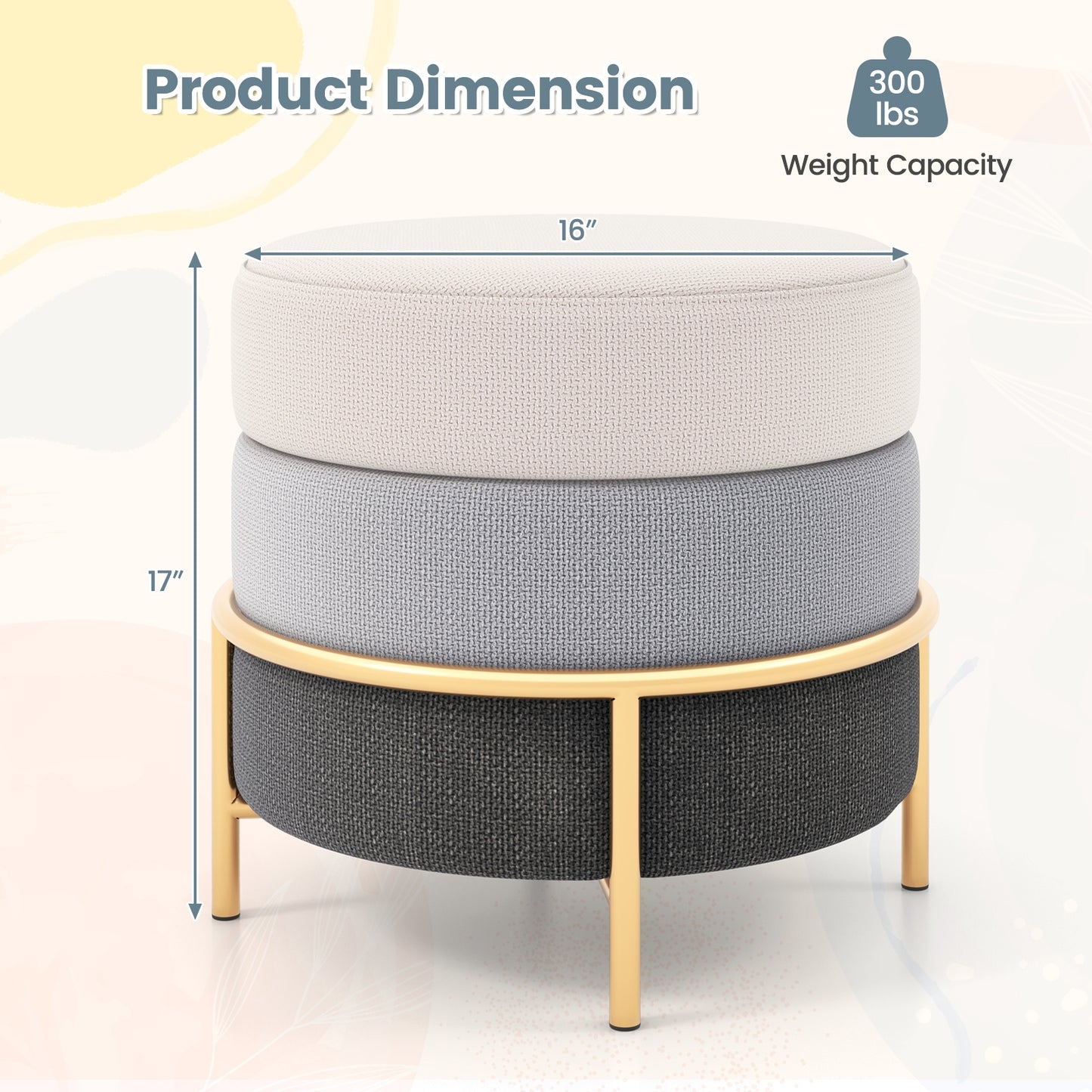 Round Upholstered Ottoman Stool with Linen Fabric and Non-Slip Base Gold Finish