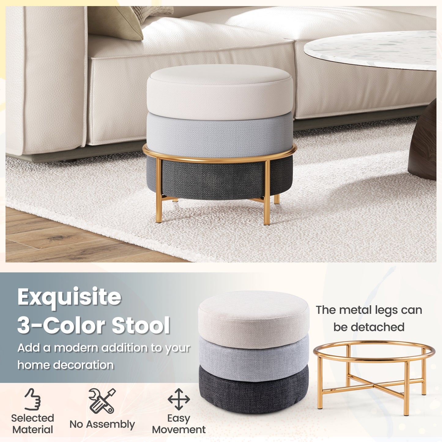 Round Upholstered Ottoman Stool with Linen Fabric and Non-Slip Base Gold Finish