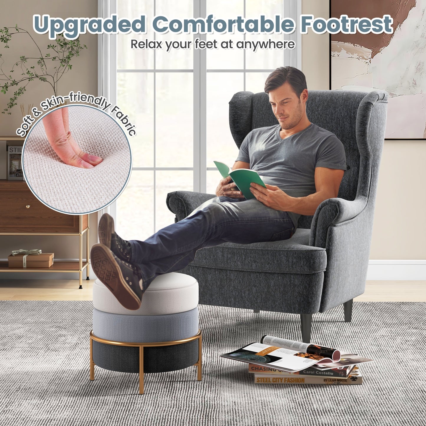 Round Upholstered Ottoman Stool with Linen Fabric and Non-Slip Base Gold Finish
