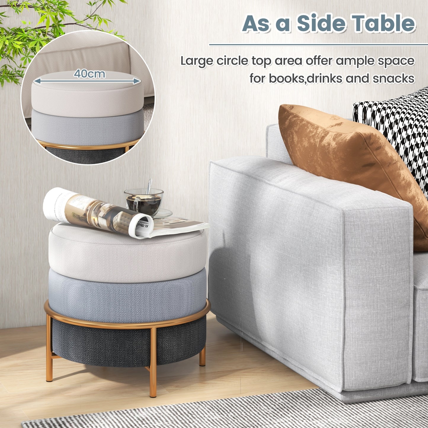 Round Upholstered Ottoman Stool with Linen Fabric and Non-Slip Base Gold Finish