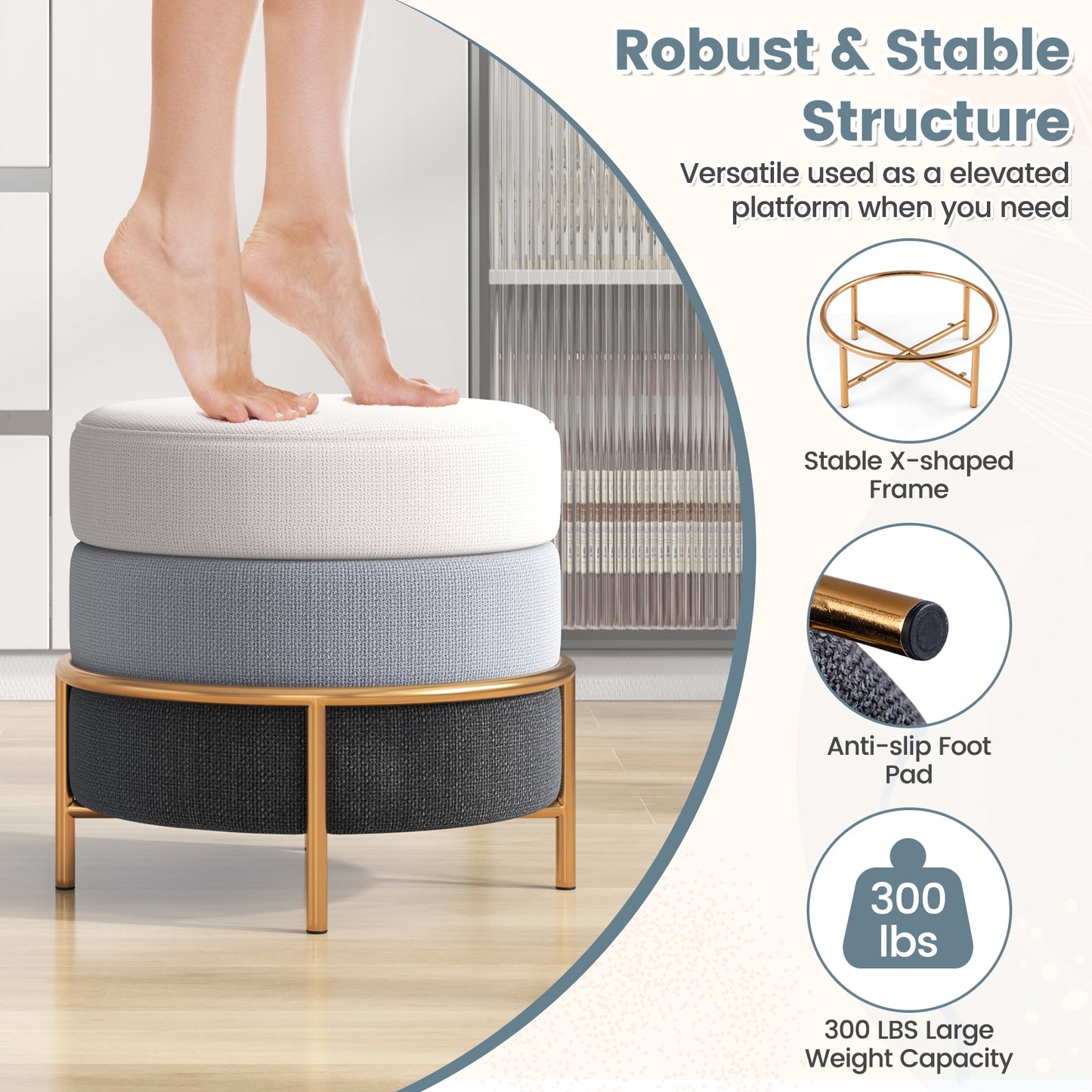 Round Upholstered Ottoman Stool with Linen Fabric and Non-Slip Base Gold Finish