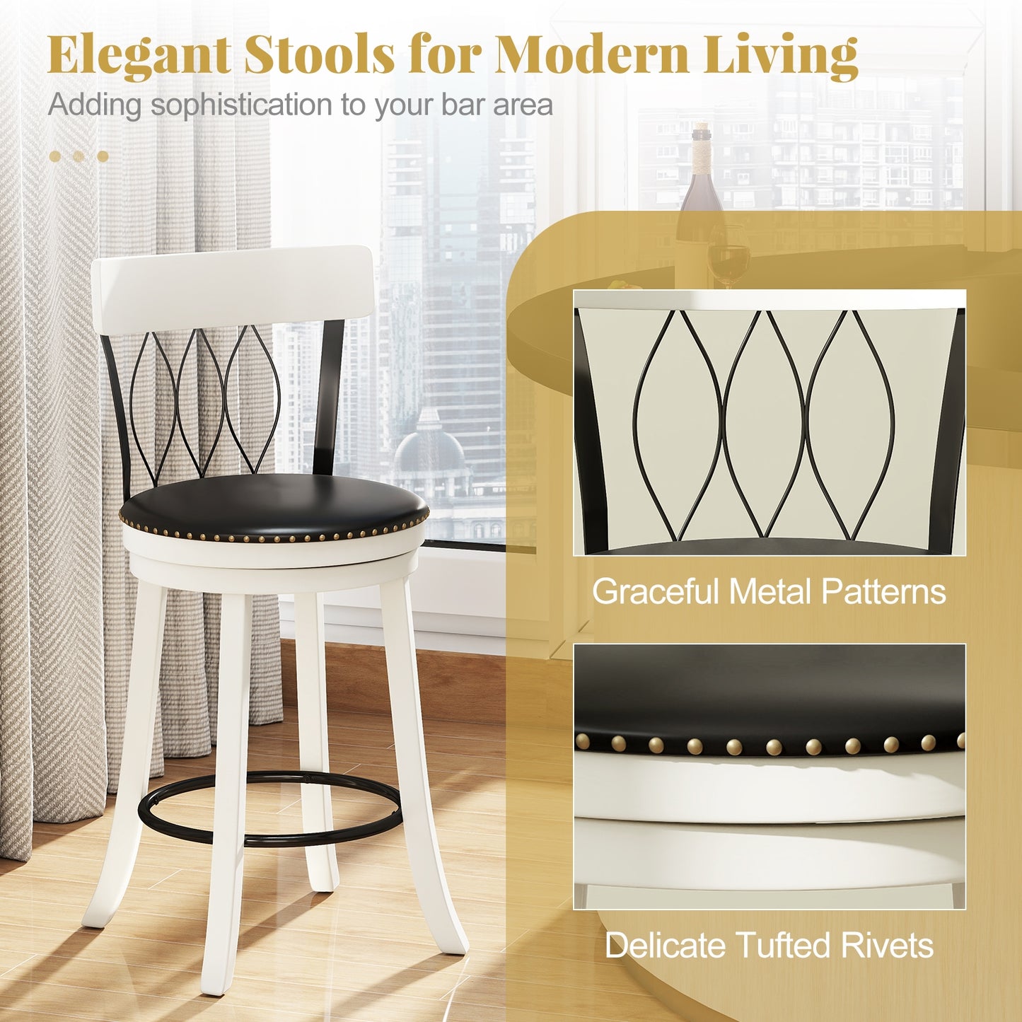 Swivel Bar Stools with Footrest and Tufted Rivet Detail Rubber Wood Frame 2-Piece Set - 26 inch