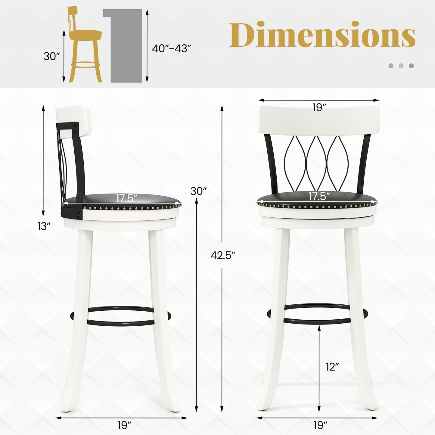 Swivel Bar Stools with Footrest and Tufted Rivet Detail Rubber Wood Frame 2-Piece Set - 30 inch