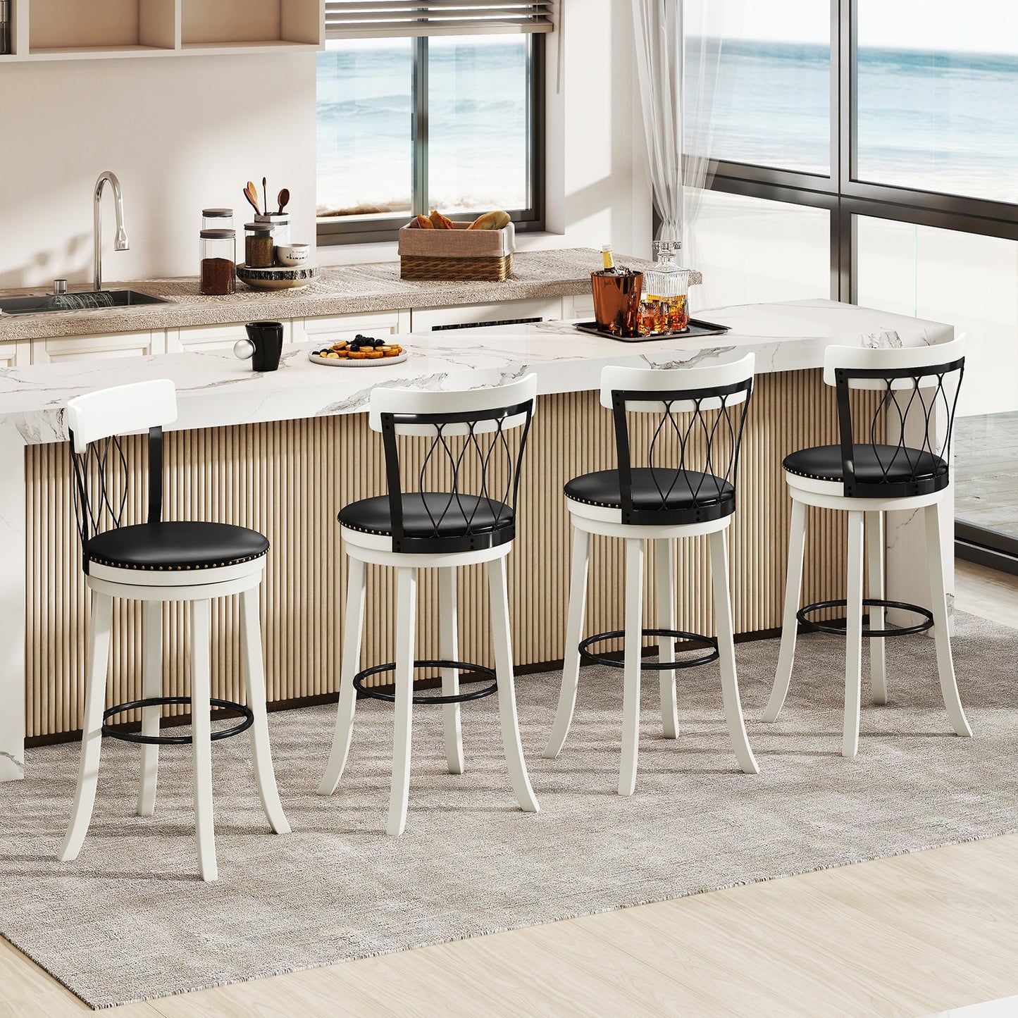 Swivel Bar Stools with Footrest and Tufted Rivet Detail Rubber Wood Frame 2-Piece Set - 30 inch