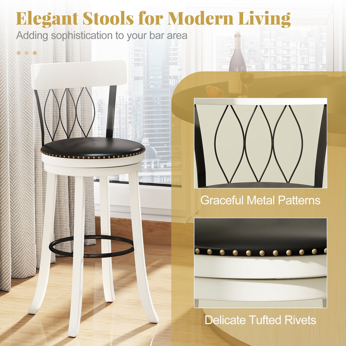 Swivel Bar Stools with Footrest and Tufted Rivet Detail Rubber Wood Frame 2-Piece Set - 30 inch